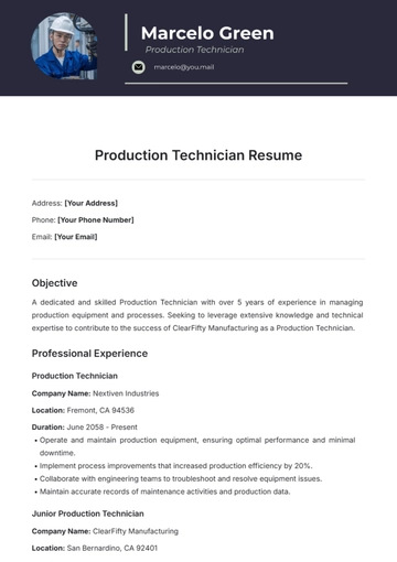 Free Production Technician Resume Template to Edit Online