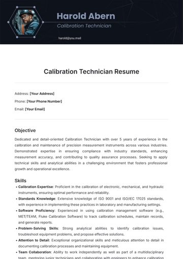 Free Calibration Technician Resume Template to Edit Online