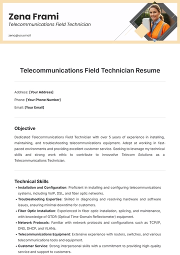 Free Telecommunications Field Technician Resume Template to Edit Online