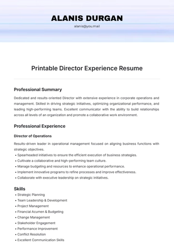 Free Printable Director Experience Resume Template to Edit Online