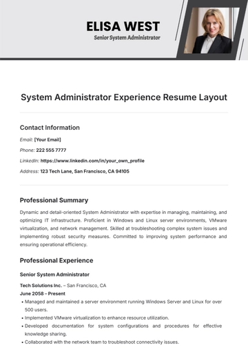 Free System Administrator Experience Resume Layout Template to Edit Online