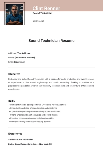 Free Sound Technician Resume Template to Edit Online