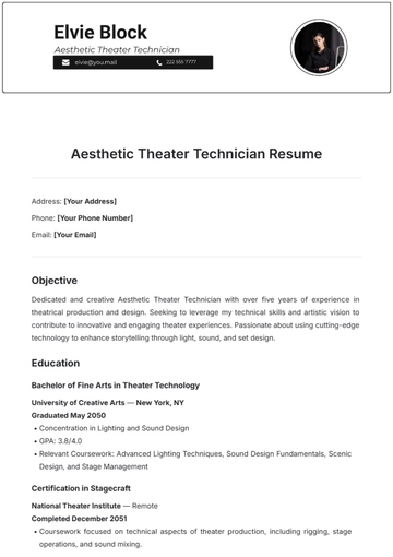Free Aesthetic Theater Technician Resume Template to Edit Online
