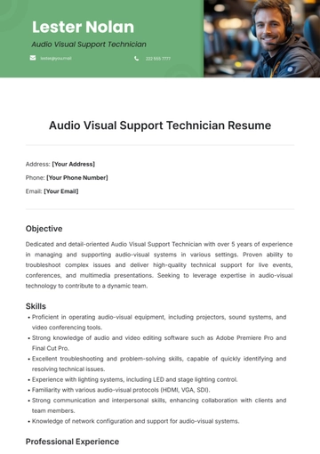 Free Audio Visual Support Technician Resume Template to Edit Online
