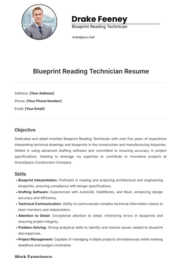 Free Blueprint Reading Technician Resume Template to Edit Online