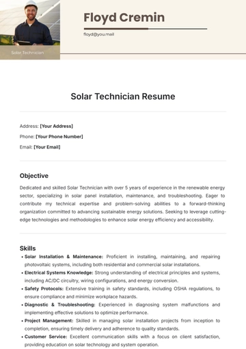 Free Solar Technician Resume Template to Edit Online