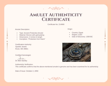 Free Aesthetic Amulet Authenticity Certificate Template to Edit Online