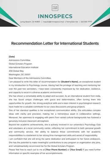 Free Recommendation Letter for International Students Template to Edit Online