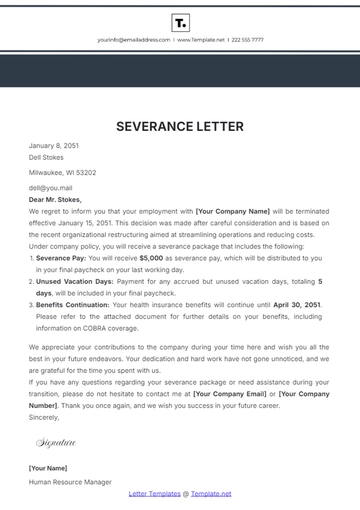 Free Severance Letter Template to Edit Online