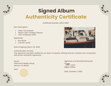 Free Signed Album Authenticity Certificate Template to Edit Online