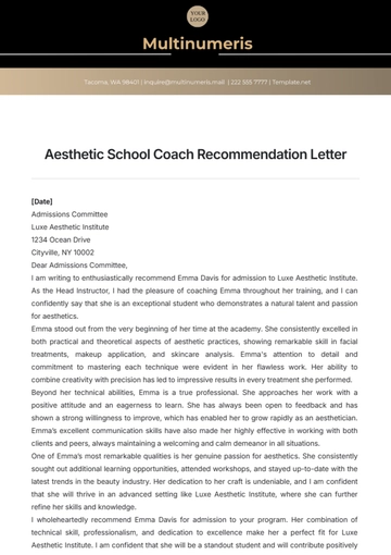 Free Aesthetic School Coach Recommendation Letter Template to Edit Online