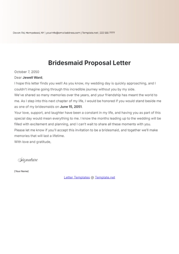 Free Bridesmaid Proposal Letter Template to Edit Online