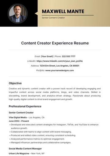 Free Content Creator Experience Resume Template to Edit Online