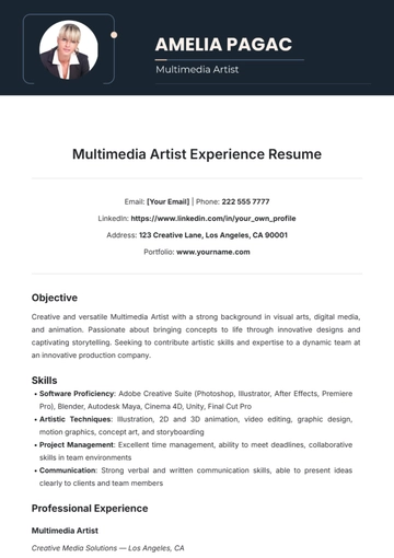 Free Multimedia Artist Experience Resume Template to Edit Online