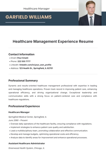 Free Healthcare Management Experience Resume Template to Edit Online