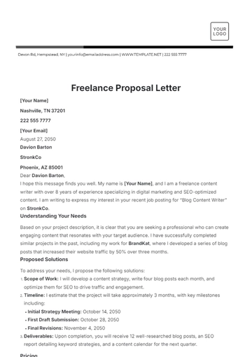 Free Freelance Proposal Letter Template to Edit Online