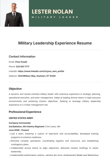 Free Military Leadership Experience Resume Template to Edit Online