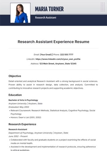 Free Research Assistant Experience Resume Template to Edit Online