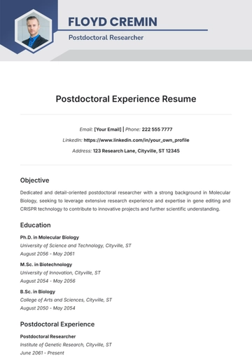Free Postdoctoral Experience Resume Template to Edit Online