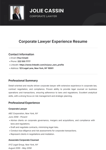 Free Corporate Lawyer Experience Resume Template to Edit Online