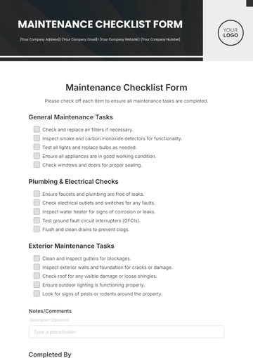 Free Maintenance Checklist Form Template to Edit Online