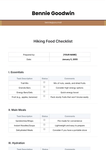 Free Hiking Food Checklist Template to Edit Online
