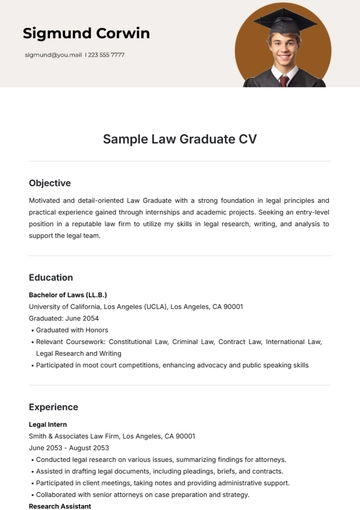 Free Sample Law Graduate CV Template to Edit Online