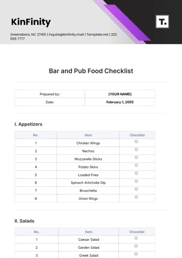 Free Bar and Pub Food Checklist Template to Edit Online