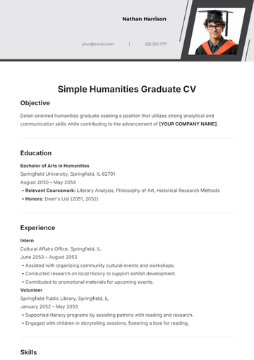 Free Simple Humanities Graduate CV Template to Edit Online