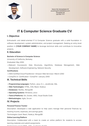 Free IT & Computer Science Graduate CV Template to Edit Online
