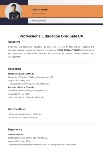 Free Professional Education Graduate CV Template to Edit Online