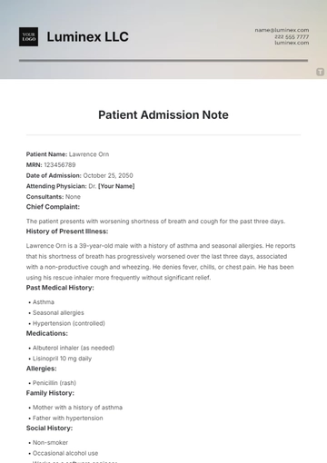 Free Patient Admission Note Template to Edit Online