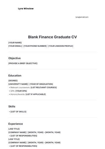 Free Blank Finance Graduate CV Template to Edit Online