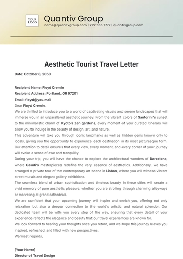 Free Aesthetic Tourist Travel Letter Template to Edit Online