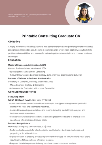 Free Printable Consulting Graduate CV Template to Edit Online