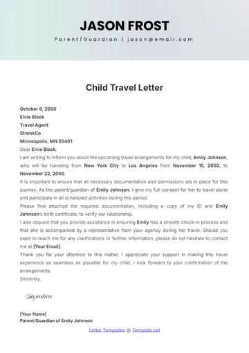 Free Child Travel Letter Template to Edit Online
