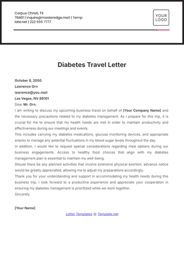 Free Diabetes Travel Letter Template to Edit Online