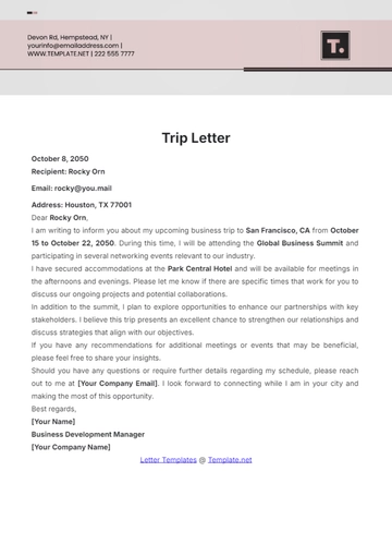 Free Trip Letter Template to Edit Online