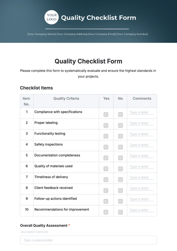 Free Quality Checklist Form Template to Edit Online