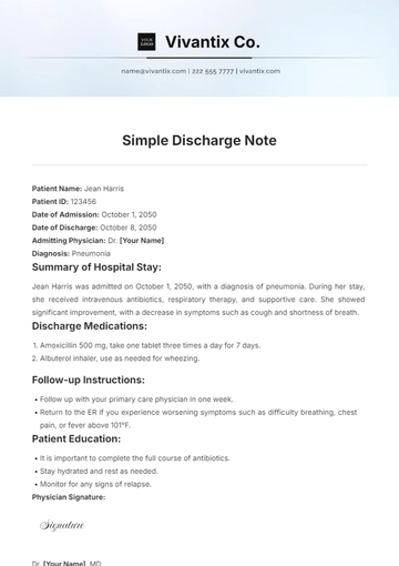 Free Simple Discharge Note Template to Edit Online