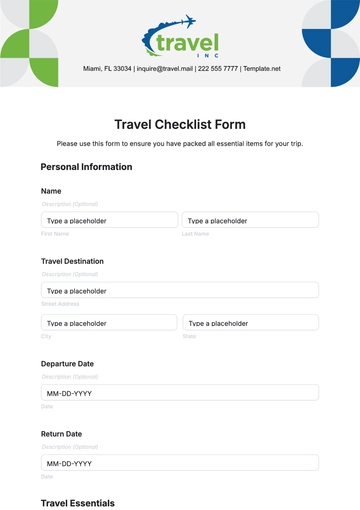 Free Travel Checklist Form Template to Edit Online