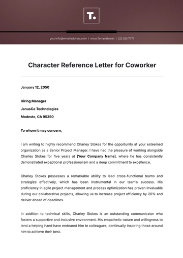 Free Character Reference Letter for Coworker Template to Edit Online