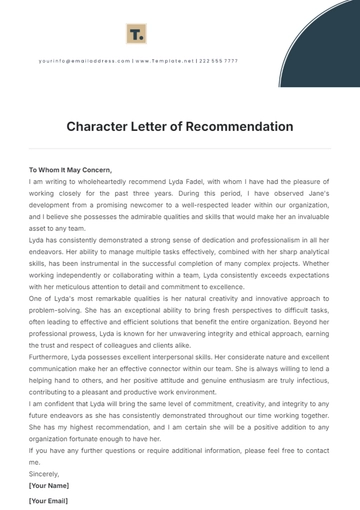 Free Character Letter of Recommendation Template to Edit Online