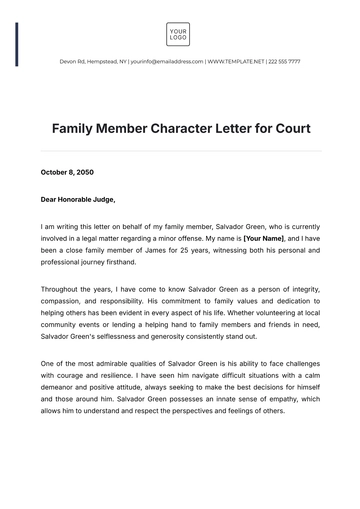 Free Family Member Character Letter for Court Template to Edit Online
