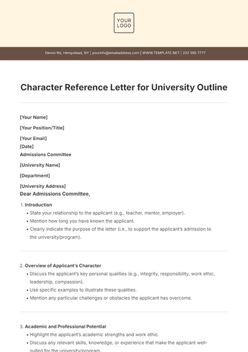 Free Character Reference Letter for University Outline Template to Edit Online