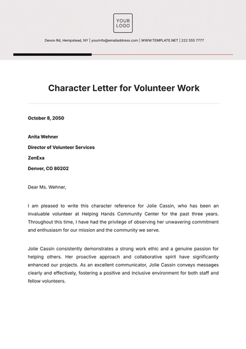 Free Character Letter for Volunteer Work Template to Edit Online