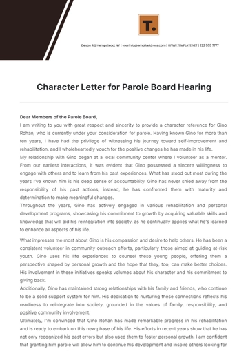 Free Character Letter for Parole Board Hearing Template to Edit Online