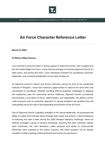 Free Air Force Character Reference Letter Template to Edit Online