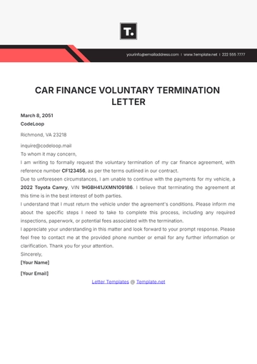 Free Car Finance Voluntary Termination Letter Template to Edit Online