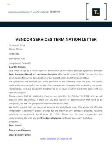 Free Vendor Services Termination Letter Template to Edit Online